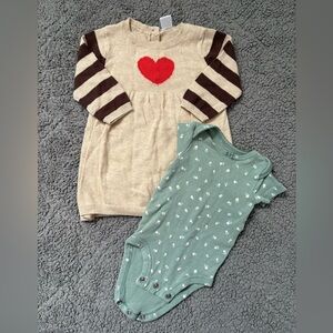 Nordstrom Baby Cream Sweater Dress with Red Heart and Green Onesie